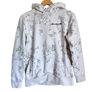 Abercrombie Size S Hoodie Floral Cream Gray Embroidered Logo Pullover Rose Fancy